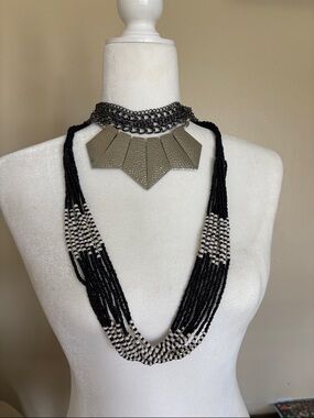 Black and Cream Beaded Multi-Strand Necklace - Fashion Jewelry